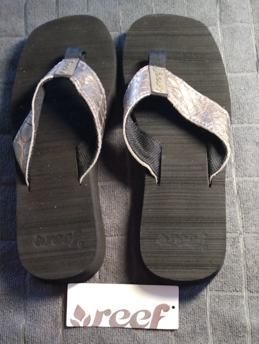 Reef Lulu Black Sandals with Metallic Embossed Pewter